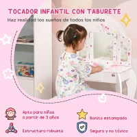 HOMCOM Tocador Infantil con Taburete y Espejo Ajustable, Tocador para Niñas con Cajón, Mesa de Maquillaje para Niños y Niñas de 3-6 Años, Blanco(m-4)
