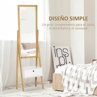 HOMCOM Espejo de Pie de Bambú Espejo de Cuerpo Entero con 1 Cajón para Dormitorio Vestidor Entrada 45x30x160 cm Natural(m-4)