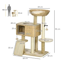 PawHut 95cm Cat Tree Tower for Indoor Cats, with Scratching Post, Cat House, Toy Ball, Platform - Beige(m-3)