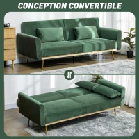 HOMCOM Canapé convertible 3 places avec 2 coussins déhoussable revêtement aspect velours - 206l x 81P x 83H cm - vert(m-5)