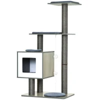 PawHut Árbol Rascador para Gatos de Madera 71,5x49,5x120 cm Torre de Gato con Cueva Plataformas Postes Rascadores Cojines Gris(m-11)