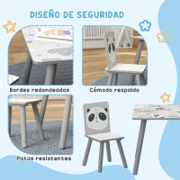 ZONEKIZ Set de Mesa y 2 Sillas Conjunto de Muebles Infantiles de 3 Piezas para Niños de +3 Años con Cenefa y Panda Gris y Blanco(m-5)