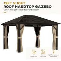Outsunny 3 x 3.6m Outdoor Hardtop Gazebo Metal Roof Patio Gazebo with Aluminium Frame, Mesh Nettings, Curtains, & Roomy Interior Space, Brown(m-5)