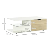 HOMCOM Table basse rectangulaire design contemporain 2 tiroirs 2 niches étagère verre trempé panneaux blanc aspect chêne clair(m-3)