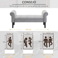 HOMCOM Banco Pie de Cama Banqueta para Dormitorio con Brazos Tapizada y Patas de Madera para Recibidor Salón 132x45,5x58 cm Gris(m-6)