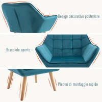 HOMCOM Poltroncina da Camera Design Scandinavo, Poltrona in Velluto e Legno, Color Petrolio, per Soggiorno o Ufficio, 67x61.5x71cm(m-5)
