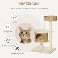 PawHut Kratzbaum Rattan 95 cm Höhe 3-Stufiger Katzenbaum mit Platform, Katzenbett, Kletterbaum mit Katzenhöhle Sisalstämmen Spielbälle Katzenmöbel Sisal Natur+Beige(m-4)