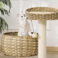 PawHut Árbol para Gatos Mediano con Cama Superior Cesta de Mimbre con Cojines Postes Rascadores de Sisal Natural y Bola Colgante de Juguete 54x40x70 cm Beige(m-8)
