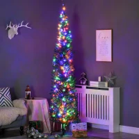 HOMCOM 7.5' Artificial Prelit Christmas Trees Holiday Décor with Colourful LED Lights, Pencil Shape, Steel Base(m-2)