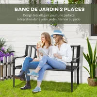 Outsunny Banc de jardin 2 places banquette extérieur terrasse patio dossier haut assise à lattes accoudoirs confortables acier 128 x 62,5 x 81,5 cm noir(m-4)