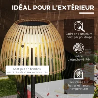 Outsunny Lampadaire extérieur LED solaire sans fil avec batterie rechargeable par USB avec abat-jour bambou - dim. Ø39 x 153H cm(m-6)