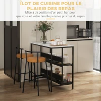 HOMCOM Ilot de cuisine 2 étagères de style moderne en acier noir et plateau MDF aspect marbre 100L x 50P x 90H cm - noir(m-4)