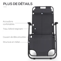 Outsunny Chaise Longue inclinable transat Bain de Soleil fauteuil relax jardin 2 en 1 Pliant têtière Amovible Charge Max. 136 Kg Toile Oxford Facile d'entretien Gris(m-5)