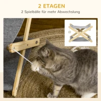 PawHut Katzenbett mit Gestell 2 Ebenen Haustierbett Ballspielzeug faltbar Hundebett Indoor Kiefernholz Natur+Grau 52 x 42 x 33,5 cm(m-5)
