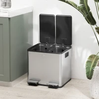 HOMCOM Papelera Cocina de Acero Inoxidable con 2 Compartimentos 2x15L Pedal Tapas de Cierre Suave y Cubo Extraíble Plata(m-9)