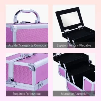 HOMCOM Maletín Maquillaje Profesional Estuche de Cosmético Portátil con Bandejas de 3 Niveles y Espejo 2 Llaves para Joyero Manicura Viaje 20x15x15 cm Rosa(m-6)