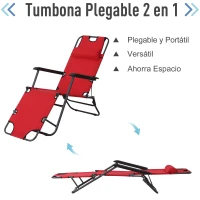 Outsunny Tumbona Relax Plegable con Respaldo Ajustable Reposabrazos Almohada y Reposapiés Carga 136 kg 135x60x89 cm Rojo(m-4)