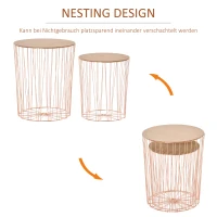 HOMCOM Beistelltisch mit Stauraum 2er Set Metall Korb mit Holzdeckel Nachttisch Natur+Rosa Gold  Ø40,7 x 49,5 cm Ø33,8 x 40,8 cm(m-4)