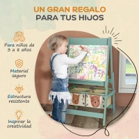 AIYAPLAY Caballete Infantil 3 en 1 Caballete para Niños de Doble Cara con Rollo de Papel Pizarras y 2 Cestas 54x46,5x93 cm Verde(m-6)