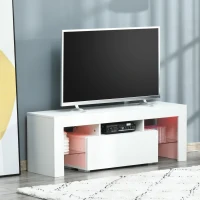 HOMCOM Fernsehtisch TV Schrank mit RGB-Lichtleisten TV-Kommode Schrankelement mit verstellbaren Glasböden offenen Einlegeböden und 1 Schublade Fernbedienung MDF Spanplatte Weiß 130 x 35 x 45 cm(m-2)