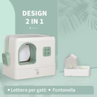 PawHut Lettiera Coperta per Gatti e Fontanella, Vassoio e paletta 50x40x40cm, Verde e Bianca(m-4)