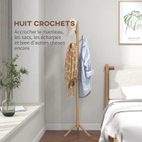 HOMCOM Portemanteau sur pied en bois portant à vêtements vestiaire 8 patères 40 x 40 x 165 cm naturel(m-4)