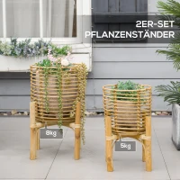 Outsunny 2er-Set Pflanzenständer, groß und klein, Körbe aus Rattan, Ständer aus Naturholz(m-4)