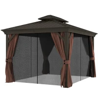 Outsunny 3 x 3.7m Outdoor Hardtop Gazebo Canopy Aluminium Frame with 2-Tier Roof & Mesh Netting Sidewalls for Patio, Dark Brown(m-11)