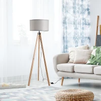 HOMCOM Floor Lamp with Elegant Wood Tripod, Free Standing E27 Bulb Lamp Versatile Use For Home Office - Grey(m-2)