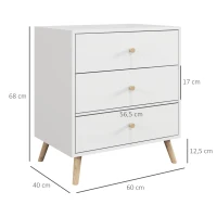 HOMCOM Commode 3 tiroirs Design scandinave Meuble de Rangement Chambre MDF Blanc poignée piètement effilé Bois Massif de pin(m-3)