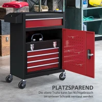 HOMCOM Rollbarer Werkzeugschrank, Stabiler Schrank mit oberer Werkzeugkiste und Schubladen, abschließbar, Metall, Schwarz+Rot(m-5)