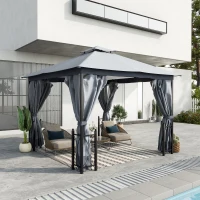 Outsunny 4 x 3.35(m) Patio Metal Gazebo Canopy Garden Tent Sun Shade, Outdoor Shelter with 2 Tier Roof, Netting and Curtains, Steel Frame, Grey(m-2)