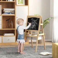 AIYAPLAY Kids Easel with Paper Roll, 3 in 1 Art Easel for Toddlers, Double-Sided Kids Whiteboard Blackboard with Storage Baskets for Ages 3-6 Years - Natural Wood Finish(m-2)