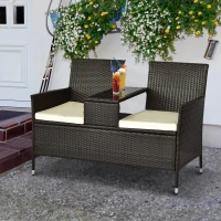 Outsunny Gartenbank Polyrattan 2-Sitzer UV-beständig Sitzbank mit Tisch Kissen Rückenlehne Gartenmöbel Parkbank bis 240kg belastbar Balkonbank für Garten Terrasse Balkon 133x63x84cm, Braun(m-2)