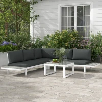 Outsunny 4 Pieces Garden Furniture Set, 5-Level Reclining Garden Corner Sofa Set, Outdoor Lounge Conversation Sectional with Cushions, Wood Effect Plastic Table, White Frame & Grey Cushion(m-2)