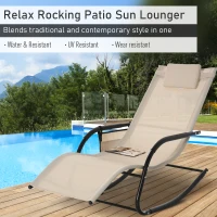 Outsunny 2PCs Outdoor Garden Rocking Chair, Patio Sun Lounger Rocker Chair with Breathable Mesh Fabric, Removable Headrest Pillow, Armrest, Side Storage Bag, Cream White(m-4)