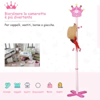 HOMCOM Appendiabiti da Terra per Cameretta Bambini in Legno Rosa con 8 Ganci e Design a Forma di Corona 35 x 35 x 142cm(m-5)