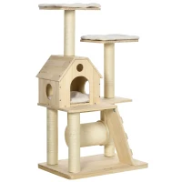 PawHut Árbol Rascador para Gatos Torre para Gatos con Camas Cueva Rodillo Postes de Sisal y Rampa 70x50x125 cm Natural(m-10)