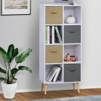HOMCOM Armadietto Libreria in Legno Bianco 8 Ripiani e 4 Cassetti Pieghevoli in Tessuto Grigio e Marrone 54.5x24x122.5cm(m-2)