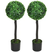 HOMCOM Set of 2 Artificial Plants Boxwood Ball Trees in Pot Fake Plants for Home Indoor Outdoor Decor, 20x20x60cm, Green(m-11)