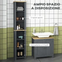 kleankin Colonna Bagno Salvaspazio con Armadietto e 3 Ripiani Aperti in Legno, 34x23x165cm, Grigio(m-4)