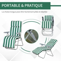 Outsunny Lot de 2 chaises longues bain de soleil, ajustable pliable transat lit de jardin en acier vert + blanc(m-4)
