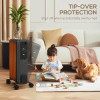 HOMCOM 1500W Oil Filled Radiator, 7 Fin, Portable Electric Heater with 3 Heat Settings, Safety Cut-Off and Wheels, Grey(m-5)