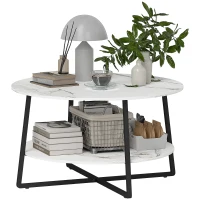 HOMCOM 2-Tier Round Coffee Table with Storage Shelf, Living Room Table with Marble Effect Top and Steel Frame, White(m-10)