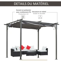 Outsunny Pergola rétractable 3L x 3l x 2,30H m structure métal époxy anticorrosion, toile polyester haute densité incluse gris(m-4)