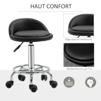 HOMCOM Lot de 2 tabouret à roulette pivotant 360°, assise réglable 47-62H cm, acier chromé revêtement synthétique noir(m-5)