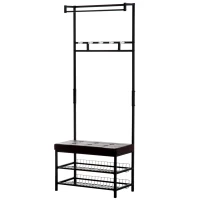 HOMCOM Porte-manteau vestiaire d'entrée banc intégré 2 étagères 5 patères + barre de penderie métal noir revêtement synthétique chocolat(m-1)