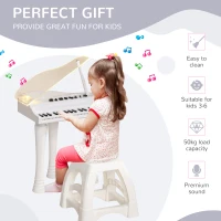 AIYAPLAY 32-Key Kids Piano Keyboard, with Stool, Lights, Microphone, Sounds, Removable Legs - White(m-5)