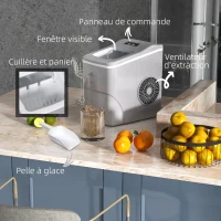 HOMCOM Machine à glaçons autonettoyante, 12kg en 24h, 9 glaçons en 8 minutes, ice maker Portable Avec cuillère et panier, capacité réservoir eau 1,8 L, pour la maison/cuisine/camping, PP argenté(m-5)