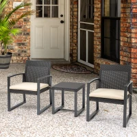 Outsunny Outdoor Garden PP Rattan Style Bistro Set, 3 PCS Patio Side Table Set w/ 2 Cushioned Single Chairs Conservatory Furniture, Brown(m-10)